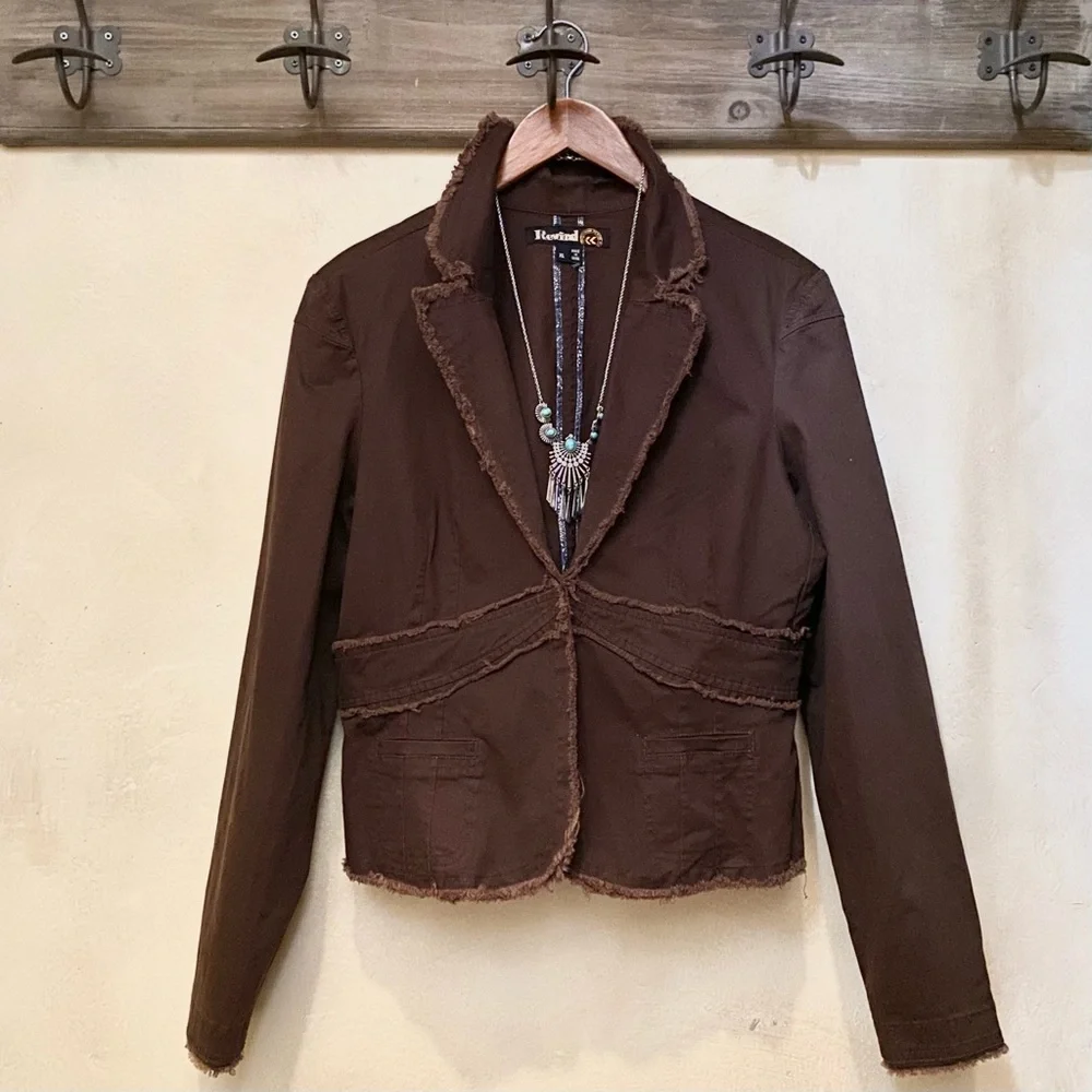 πͺΆ3/$50 Boho Raw Edge Fringe Brown REWIND L/S Fine Corduroy Blazer-XL - Picture 2 of 16